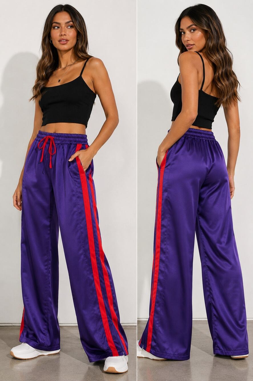 Nasty Gal Satin Wide Leg Track Pants Women's 8 Purple Red Stripe Y2K